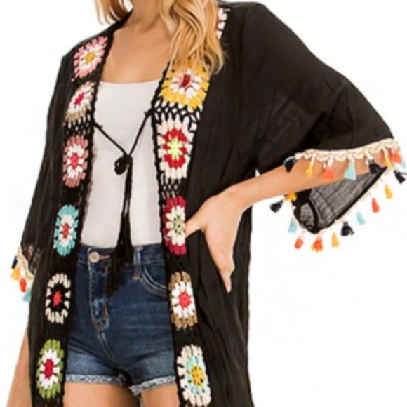 Crochet Floral Black Tie Tassel Embroidered Kimono - Picture 4 of 8